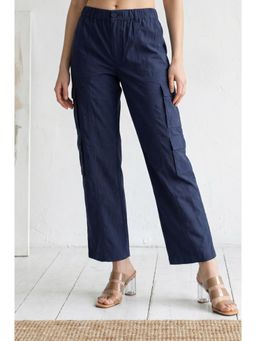 Elleven - Women's Navy Blue Solid Pure Cotton Cargo