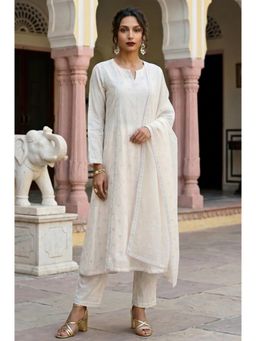 Wishful - Women’s Off White Embroidered Chanderi A-Line Kurta With Pant & Dupatta