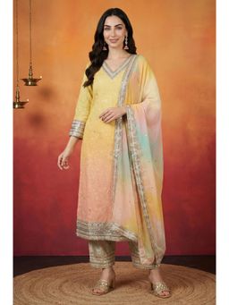 Wishful - Women's Yellow Ombre Embroidered Georgette Straight Kurta With Salwar & Dupatta