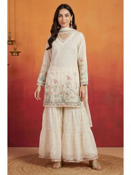 Wishful - Women's Off White Thread Embroidered Chanderi Straight Kurta With Sharara & Dupatta