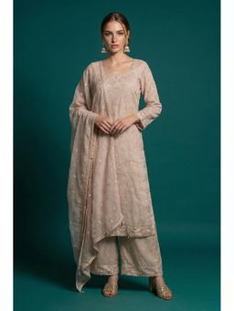 Wishful - Women's Beige Embroidered Organza Straight Kurta With Pant & Dupatta