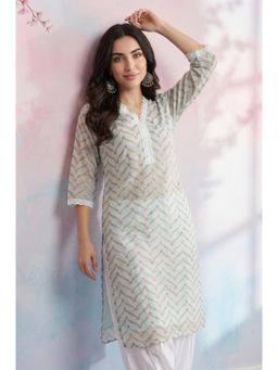 W - Mint Green Chevron Printed Kota Straight Kurta