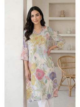 W - Off White Floral Printed Chiffon Straight Kurta