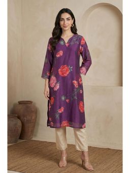 W - Purple Floral Printed Chanderi Straight Kurta