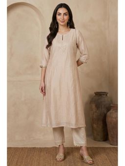 W - Beige Embroidered Chanderi Straight Kurta