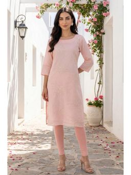 W - Light Pink Floral Embroidered Chanderi Straight Kurta