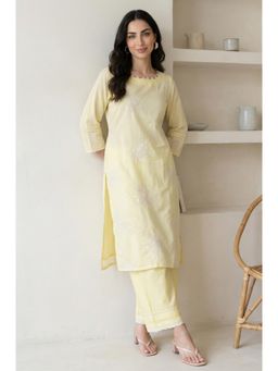 W - Yellow Embroidered Chanderi Straight Kurta