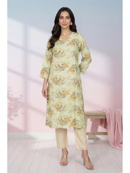 W - Green Floral Printed Straight Kurta