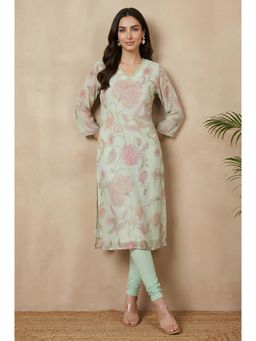W - Sea Green Floral Printed Chiffon Straight Kurta