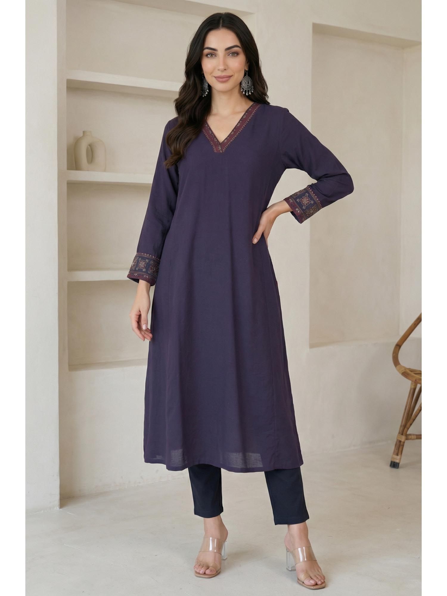 Blue Embroidered A-Line Kurta-image-8