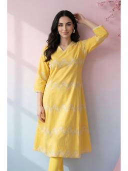 W - Yellow Thread Embroidered Pure Cotton Flared Kurta