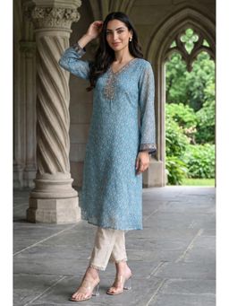 W - Blue Paisley Printed Sequin Chiffon Straight Kurta