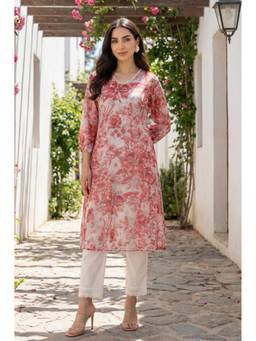 W - Off-White and Red Floral Printed Chiffon Straight Kurta