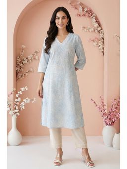 W - Light Blue Floral Printed Pure Cotton Straight Kurta