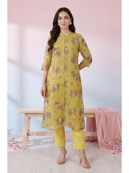 W - Yellow Floral Printed Kota Straight Kurta