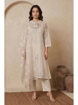 W - Cream Floral Printed Embroidered Organza Straight Kurta Pant With Inner & Dupatta