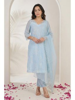 W - Blue Thread Embroidered Organza Straight Kurta Pant With Inner & Dupatta