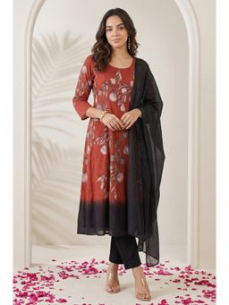 W - Red Floral Printed Pure Cotton Flared Kurta With Pant & Dupatta