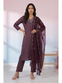 W - Purple Floral Printed Embroidered Satin Straight Kurta With Pant & Dupatta