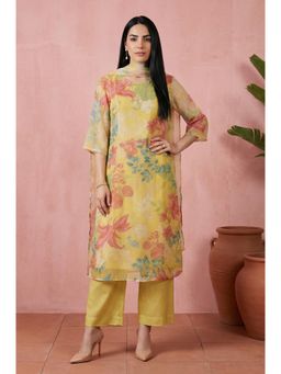 W - Yellow Floral Printed Organza Straight Kurta With Pant & Dupatta