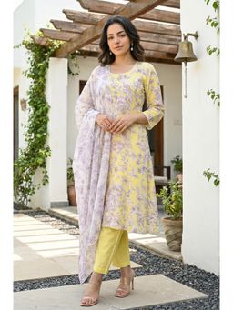 W - Yellow Floral Printed Flared Kurta With Pant & Dupatta