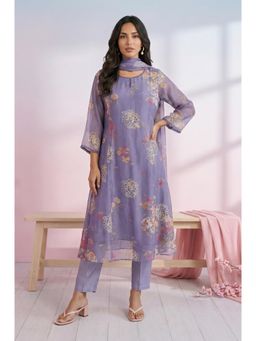 W - Purple Embroidered Organza Straight Kurta With Pant & Dupatta