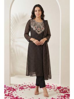 W - Black Embroidered Georgette Straight Kurta With Pant & Dupatta