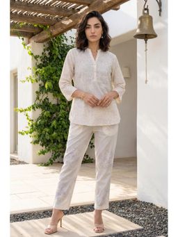 W - Off White Floral Printed Embroidered Pure Cotton Co-Ord Set