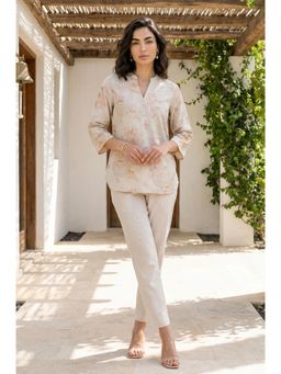W - Beige Thread Embroidered Cotton Flax Co-Ord Set