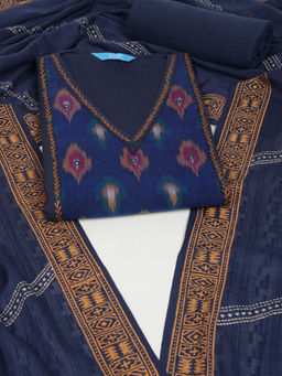 Kami Kubi - Blue Cotton Ikat Fabric Unstitched Kurta with Bottom & Dupatta (Set of 3)