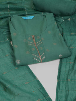 Kami Kubi - Green Foil Printed Unstitched Chanderi Zari Border Kurta with Bottom & Dupatta (Set of 3)