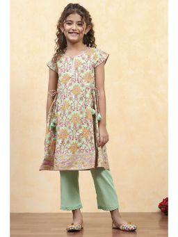 Biba - Girls Green Cotton Flared Printed Kurta and Pant