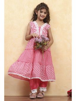 Biba - Girls Pink Cotton Tiered Printed Kurta and Salwar