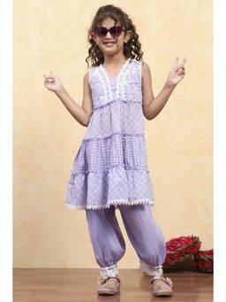 Biba - Girls Purple Cotton Tiered Printed Kurta and Salwar