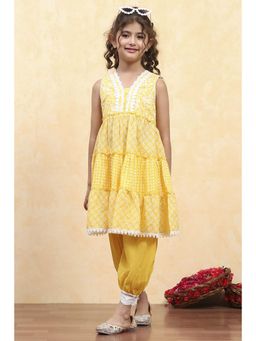 Biba - Girls Yellow Cotton Tiered Printed Kurta and Salwar