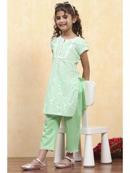 Biba - Girls Green Cotton Straight Printed Kurta and Pant