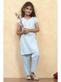 Biba - Girls Powder Blue Cotton Straight Printed Kurta and Pant