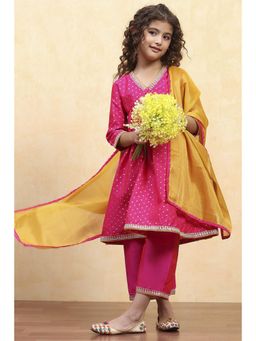 Biba - Girls Pink Polyester Yarn dyed Gathered Anarkali Pant with Dupatta