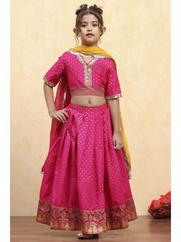 Biba - Girls Pink Polyester Yarn dyed Fitted Blouse Lehenga with Dupatta