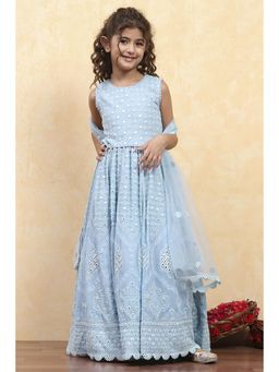 Biba - Girls Blue Viscose Embroidered Kalidar Blouse Lehenga with Dupatta