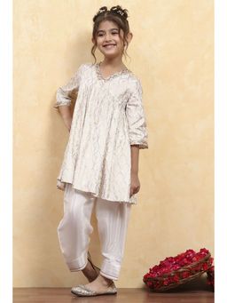 Biba - Girls White Viscose Rayon Printed Kurta and Salwar