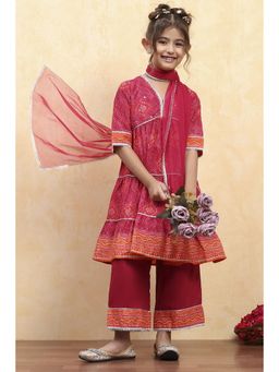 Biba - Girls Pink Cotton Printed Tiered Anarkali Pant with Dupatta