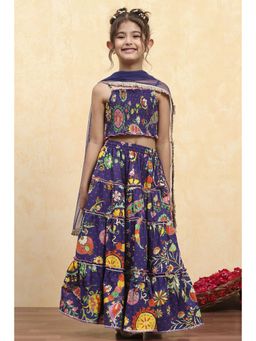 Biba - Girls Blue Cotton Printed Tiered Blouse Lehenga with Dupatta