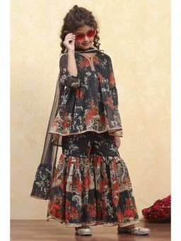 Biba - Girls Black Polyester Printed Peplum Kurta and Sharara with Dupatta