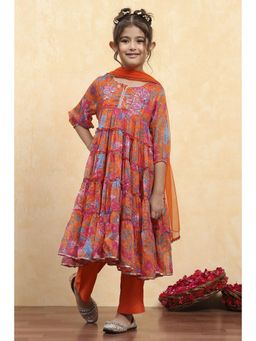 Biba - Girls Orange Polyester Printed Tiered Anarkali and Pant with Dupatta
