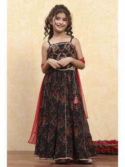 Biba - Girls Black Polyester Printed Kalidar Blouse Lehenga with Dupatta