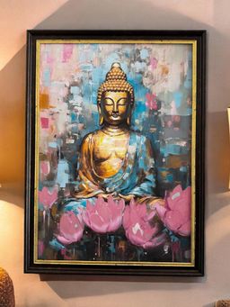 Art Street - Framed Wall Art Print Peaceful Lord Buddha With Lotus Flowers