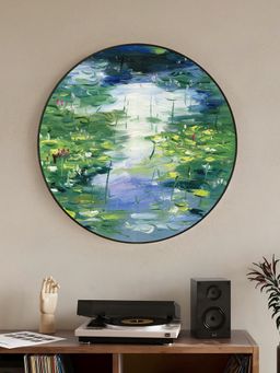 Art Street - Water Lily Pond Art, Metal Finish Round Pvc Golden Framed, Laminated