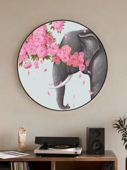 Art Street - Elephant Love With Pink Floral Art, Metal Finish Round Pvc Golden, Laminated