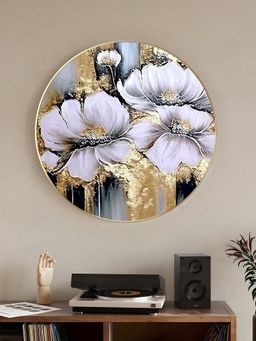 Art Street - Simple White Flower Abstract Wall Art, Metal Finish Round Pvc Golden, Laminated
